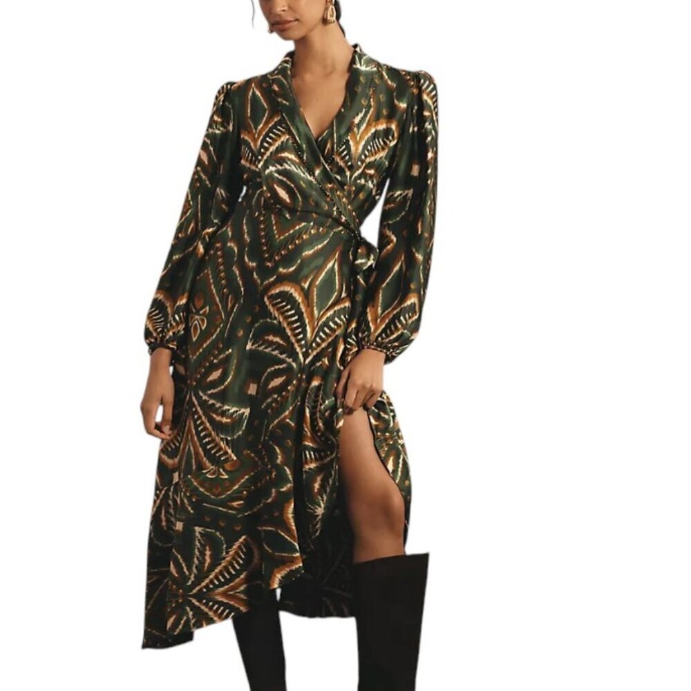 Farm Rio Pineapple Ikat Asymmetric Hem Wrap Dress, Beaded, V-Neck, Tie, Size S